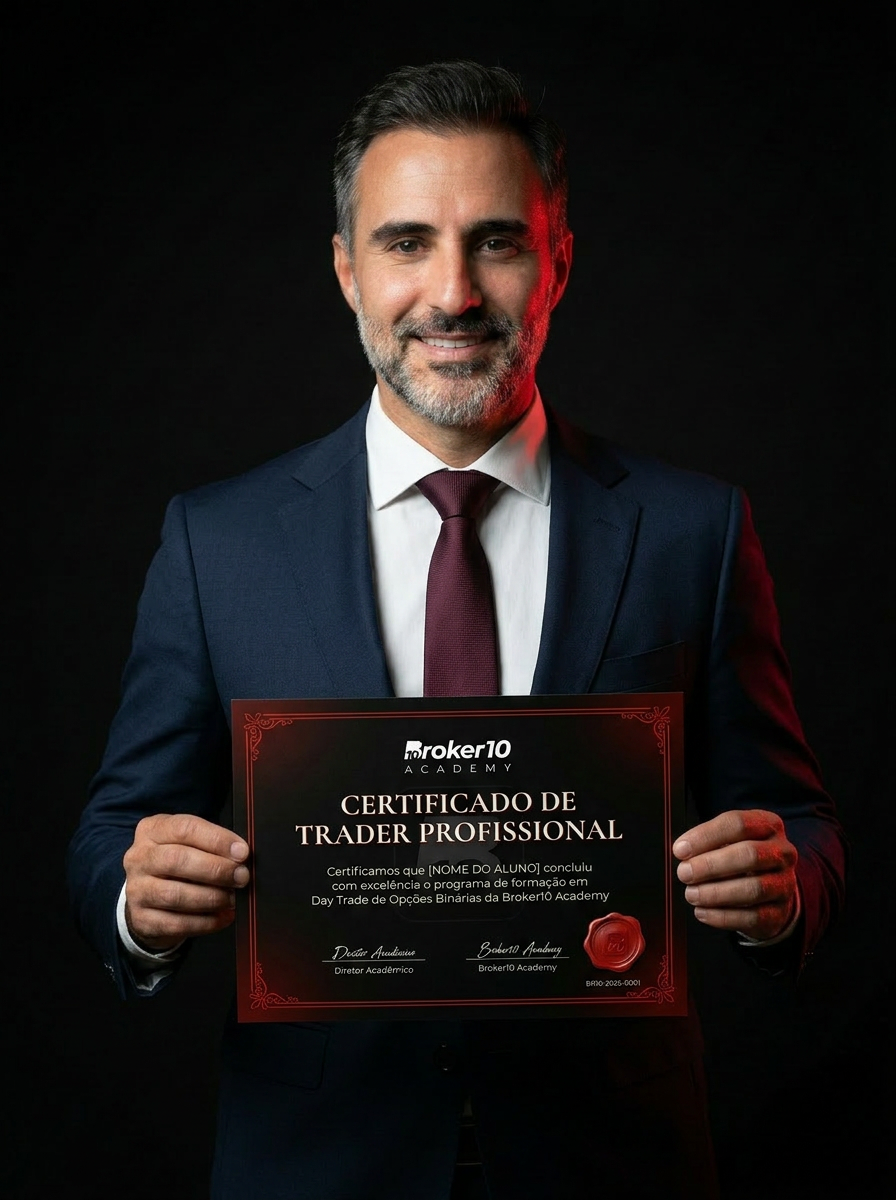Mentor Broker10 Academy segurando o Certificado de Trader Profissional